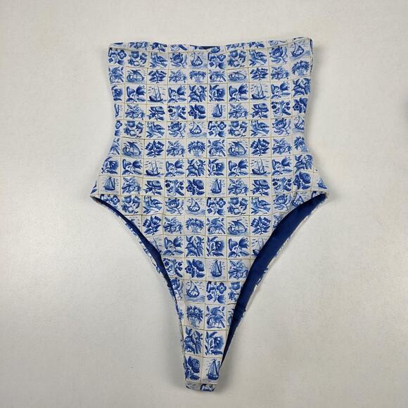 Elysiian Swim Swimsuit Womens Medium Blue White High Waist Nautical Floral Print - Picture 1 of 8